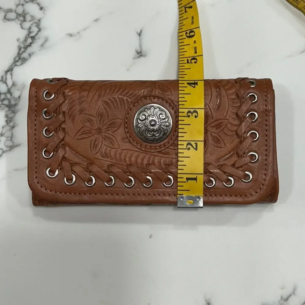 American West Handcrafted Leather Tooled Floral Concho Trifold Wallet Tan
